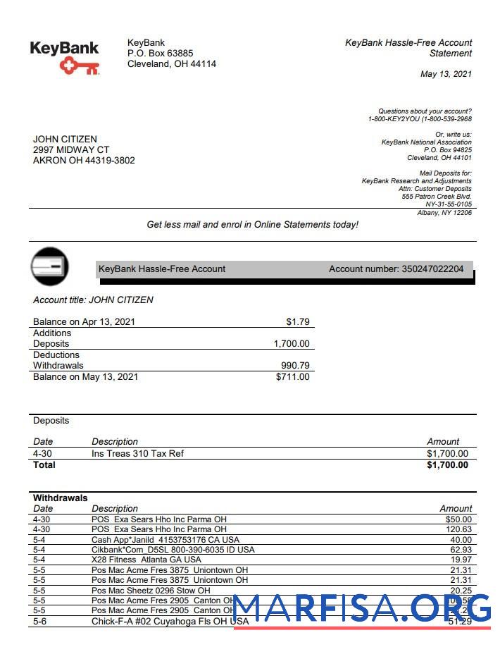 Downloadable USA Ohio KeyBank bank statement word real example